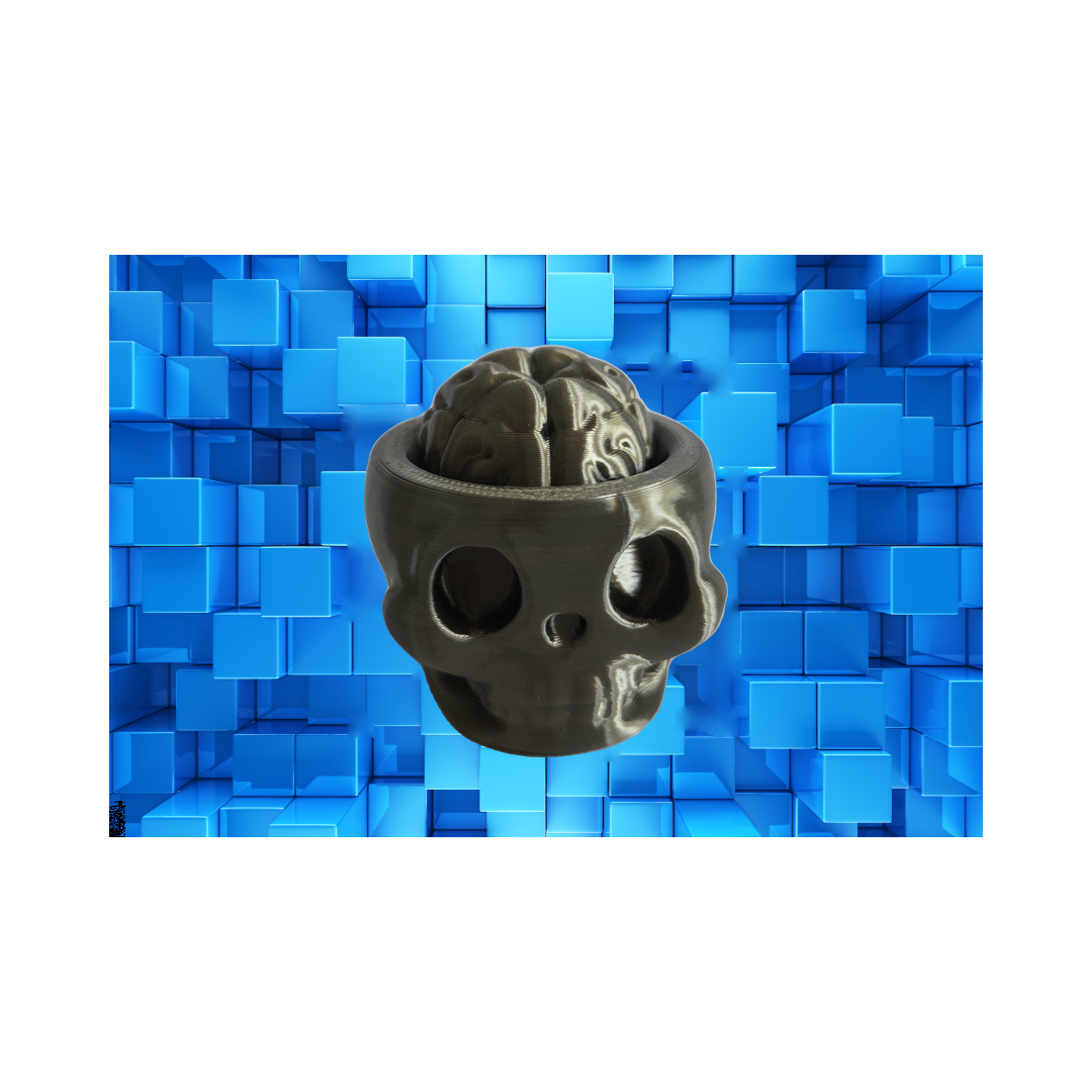 Skull met glow-in-the-dark brein clicker op blauwe achtergrond
